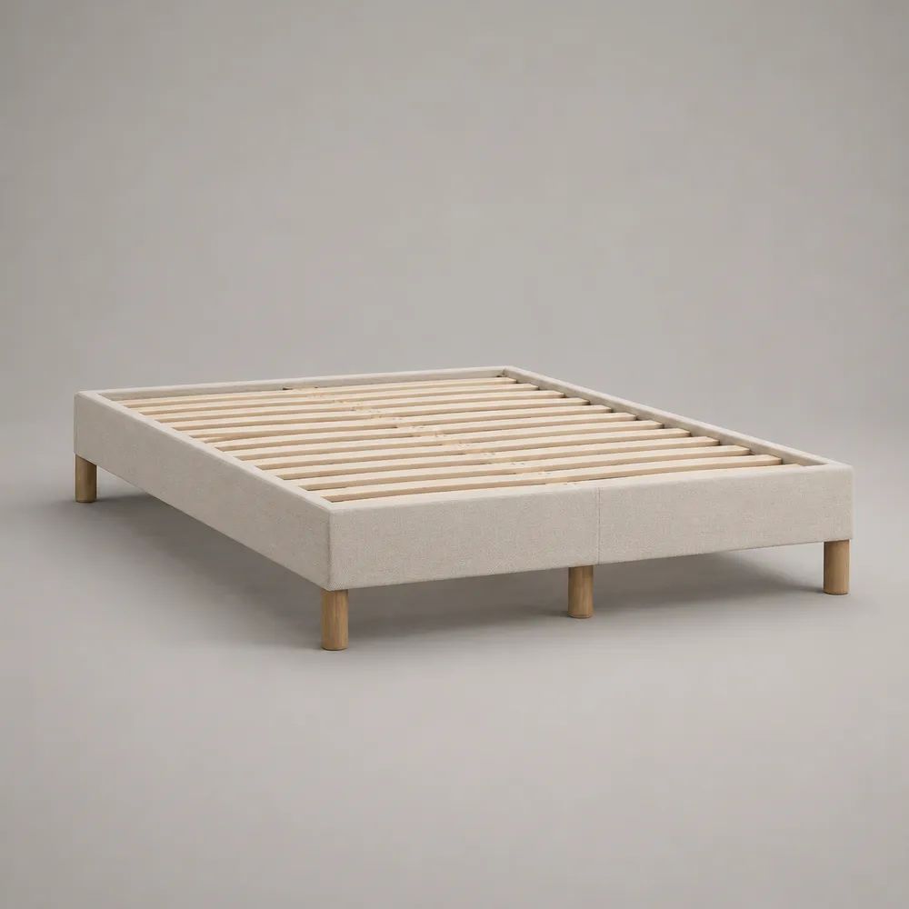 Letto matrimoniale imbottito senza testiera con rete a doghe in legno, beige, 160 x 200 cm