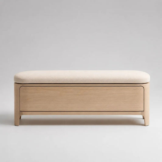 Panca scarpiera rettangolare in legno con vano contenitore e seduta imbottita beige, rovere naturale, 100 x 35 x 48 cm
