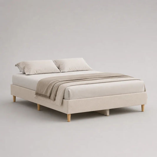 Letto matrimoniale imbottito beige chiaro 160 x 200 cm con struttura in legno e piedini in legno naturale