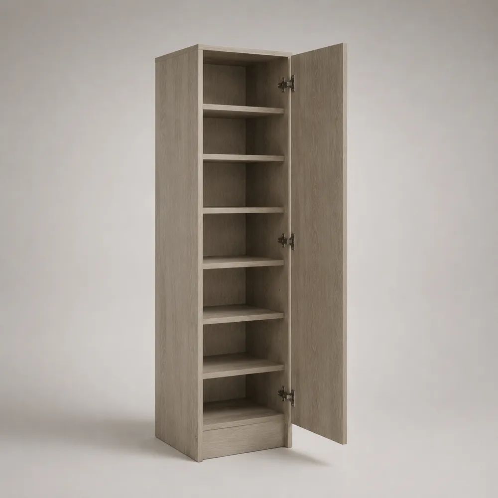 Scarpiera alta salvaspazio in legno con anta e 6 ripiani, rovere grigio, 40 × 35 × 180 cm