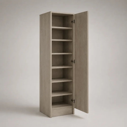 Scarpiera alta salvaspazio in legno con anta e 6 ripiani, rovere grigio, 40 × 35 × 180 cm