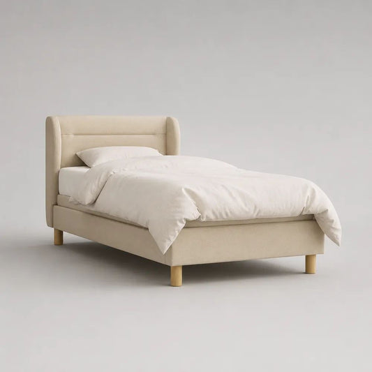Letto singolo imbottito beige 90 x 200 cm con testiera in tessuto e rete a doghe, dimensioni 215 x 108 x 110 cm