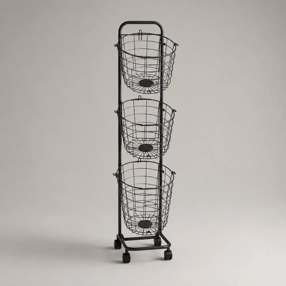 Carrello portaoggetti nero con ruote e 3 cestelli rotondi in acciaio, 35 x 32 x 105 cm