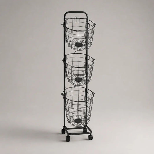 Carrello portaoggetti nero con ruote e 3 cestelli rotondi in acciaio, 35 x 32 x 105 cm