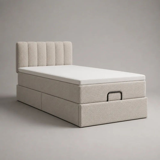 Letto singolo contenitore imbottito in tessuto bouclé beige chiaro con materasso, 105 x 215 x 115 cm, piano di riposo 90 x 200 cm