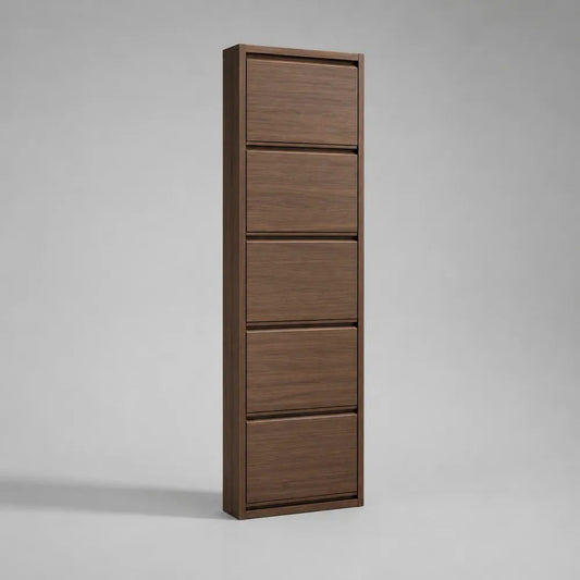Scarpiera salvaspazio rettangolare in legno con 5 ante ribaltabili, marrone noce scuro, 50 x 15 x 180 cm