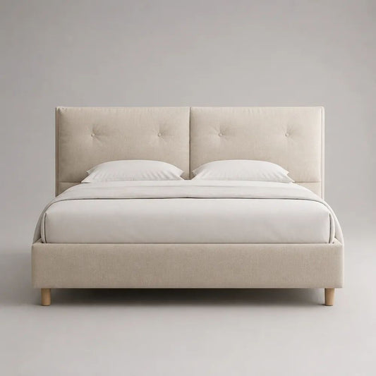 Letto matrimoniale imbottito in tessuto beige chiaro con testiera a bottoni, rete a doghe, materasso 160 x 200 cm, dimensioni 170 x 215 x 120 cm